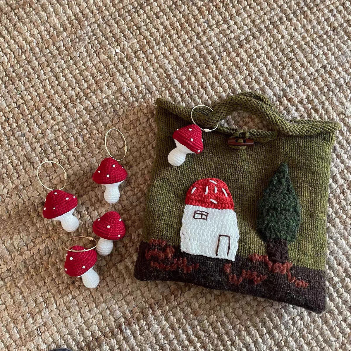 Mushroom House Handmade Wool Weave Vintage Cute Handbag Ladies - Image 3