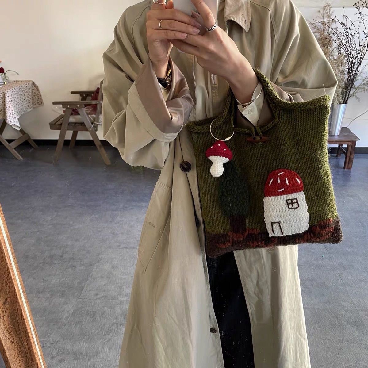 Mushroom House Handmade Wool Weave Vintage Cute Handbag Ladies - Image 2