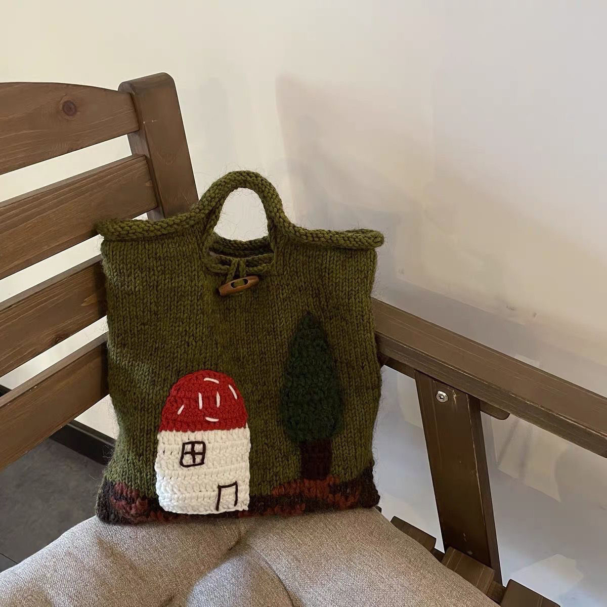 Mushroom House Handmade Wool Weave Vintage Cute Handbag Ladies - Image 4