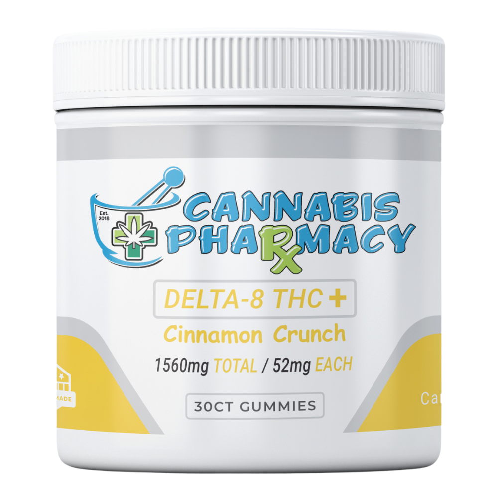 Cannabis Pharmacy | Delta-8 THC Plus Gummies | 50mg Delta 8 + 1mg THCA + 1mg THCP – Cinnamon Crunch – 30ct
