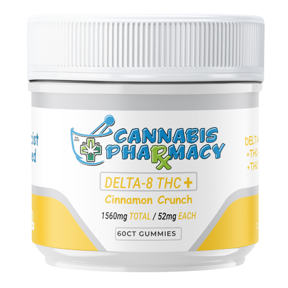 Cannabis Pharmacy | Delta-8 THC Plus Gummies | 50mg Delta 8 + 1mg THCA + 1mg THCP – Cinnamon Crunch – 60ct