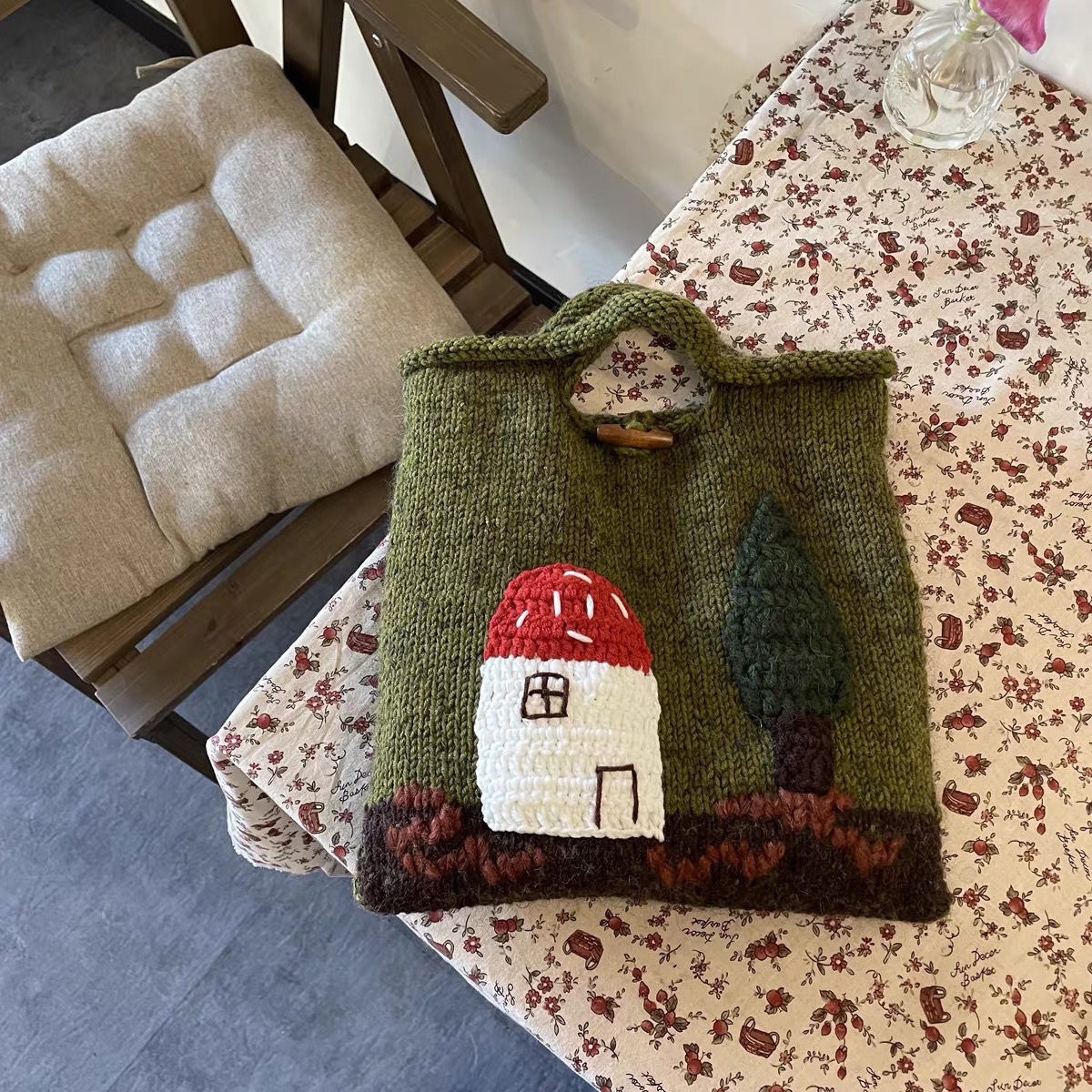 Mushroom House Handmade Wool Weave Vintage Cute Handbag Ladies