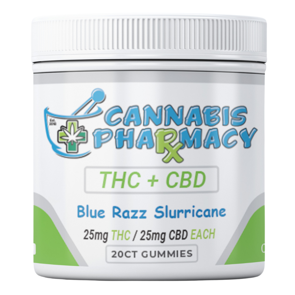 Cannabis Pharmacy 1:1 Delta-9 THC Gummies | 25mg THC & 25mg  CBD – Blue Razz Slurricane – 20ct