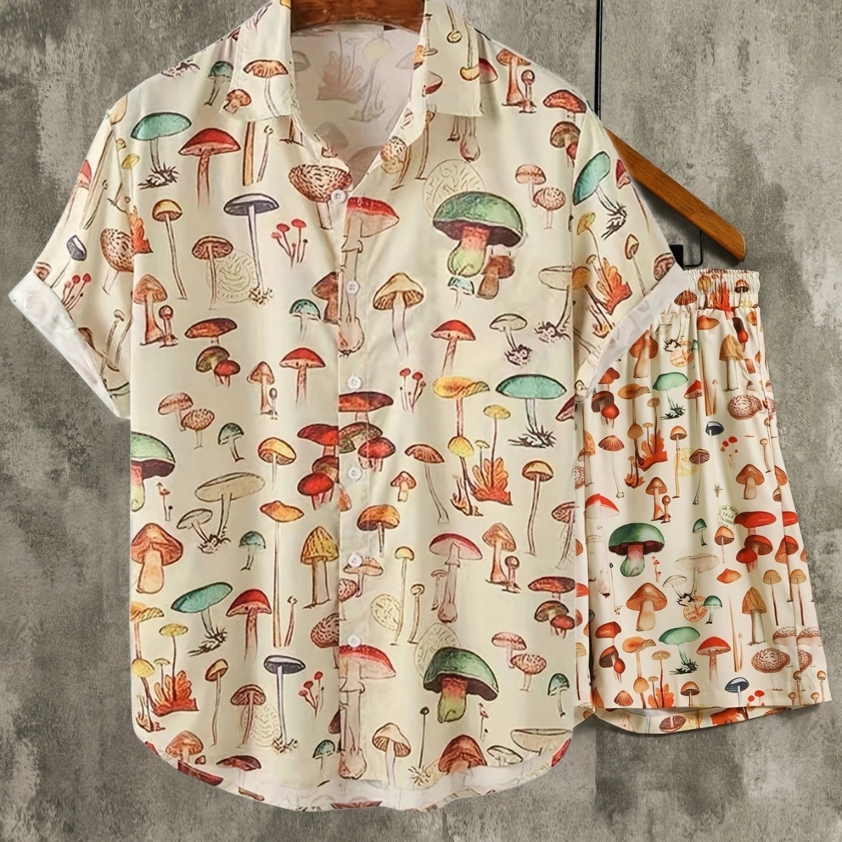 Men’s Mushroom Print Casual Short Sleeve Sports Set