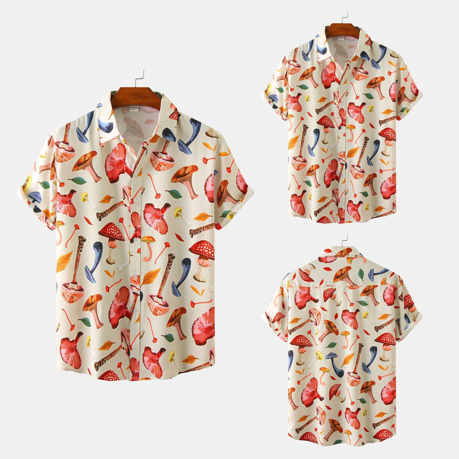 Men’s Mushroom Print Shirt Lapel Plus Short Sleeves