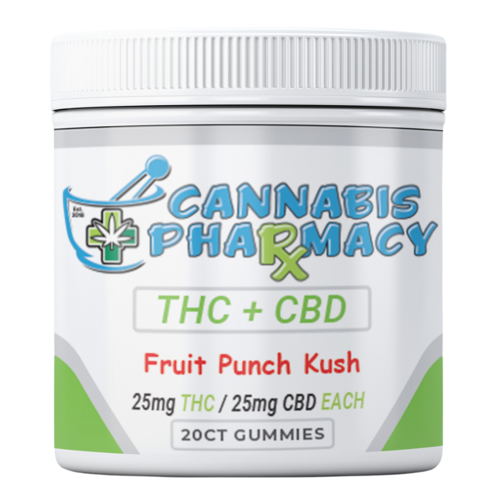Cannabis Pharmacy 1:1 Delta-9 THC Gummies | 25mg THC & 25mg CBD – Fruit Punch Kush – 20ct