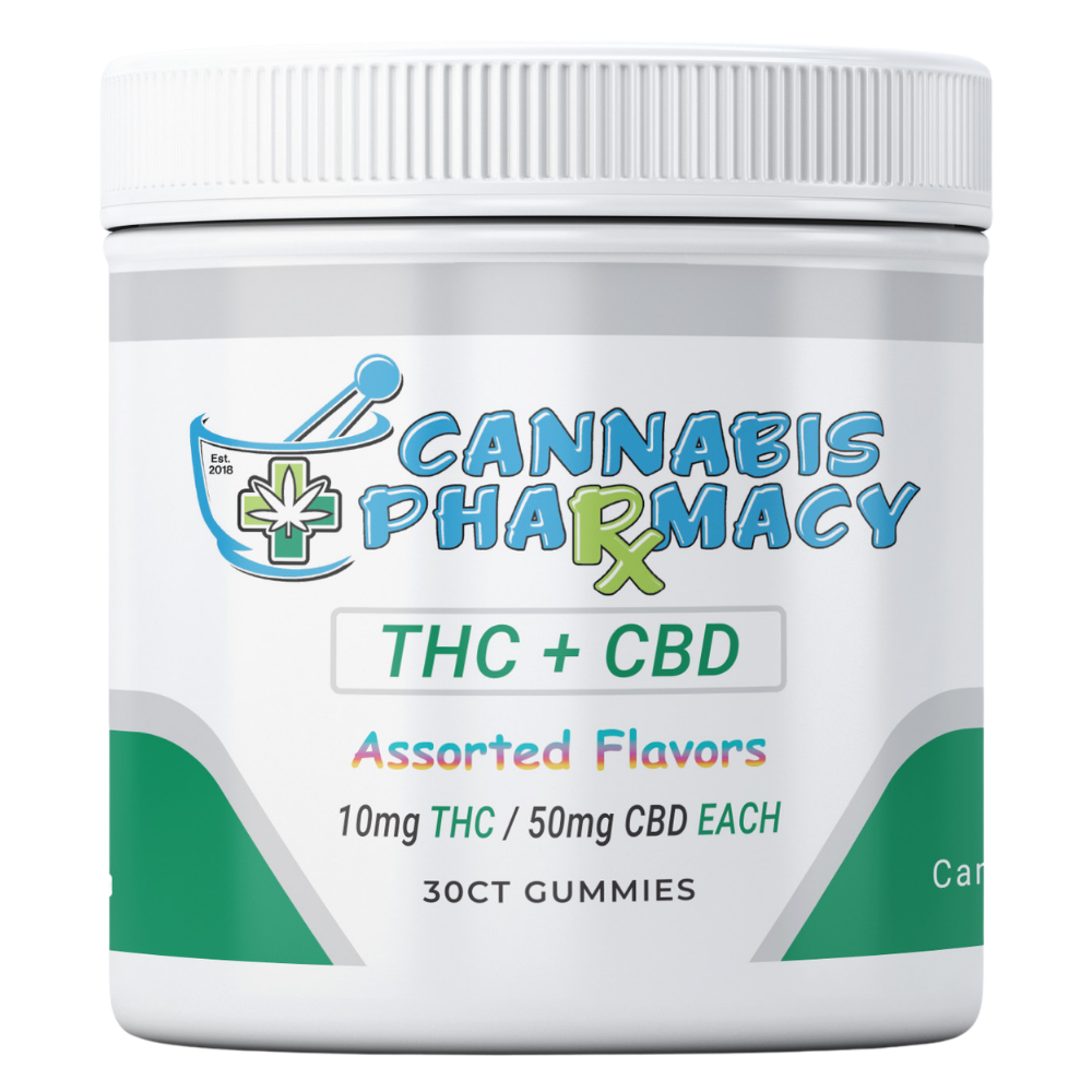 Cannabis Pharmacy THC Blend CBD Gummies | 50mg CBD + 10mg Delta 9 THC – Assorted Flavors – 30ct