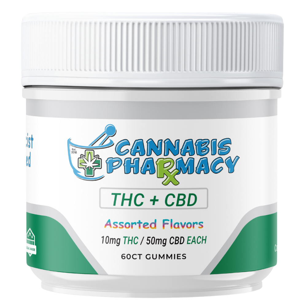 Cannabis Pharmacy THC Blend CBD Gummies | 50mg CBD + 10mg Delta 9 THC – Assorted Flavors – 60ct