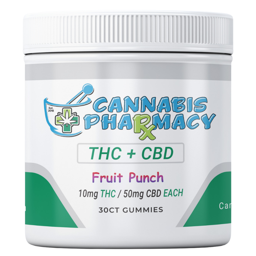 Cannabis Pharmacy | THC Blend CBD Gummies | 50mg CBD + 10mg Delta 9 THC – Fruit Punch – 30ct