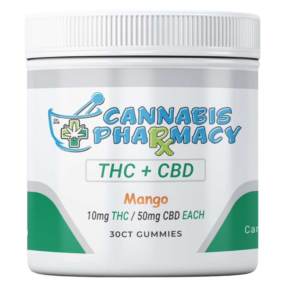 Cannabis Pharmacy THC Blend CBD Gummies | 50mg CBD + 10mg Delta 9 THC – Mango – 30ct